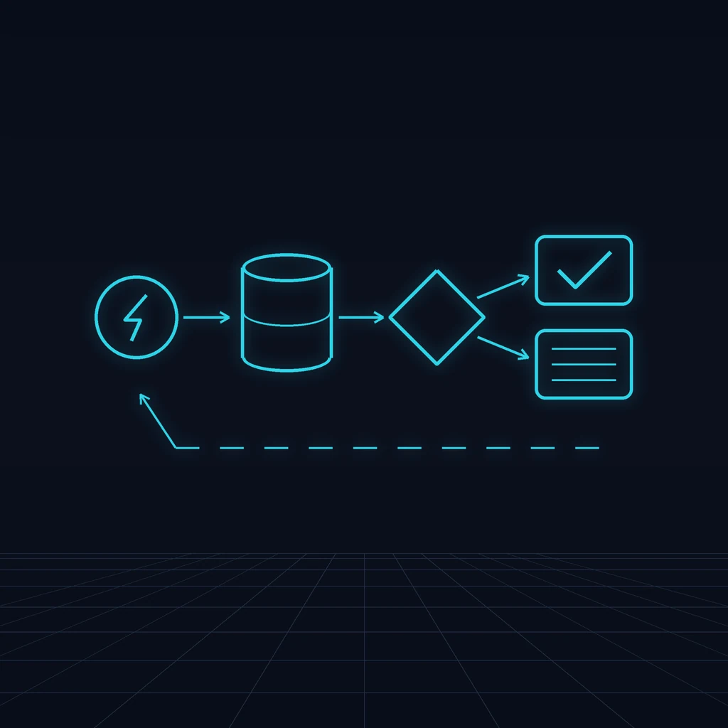 Diagrama de automatización de procesos: disparador, datos, reglas y acción encadenados